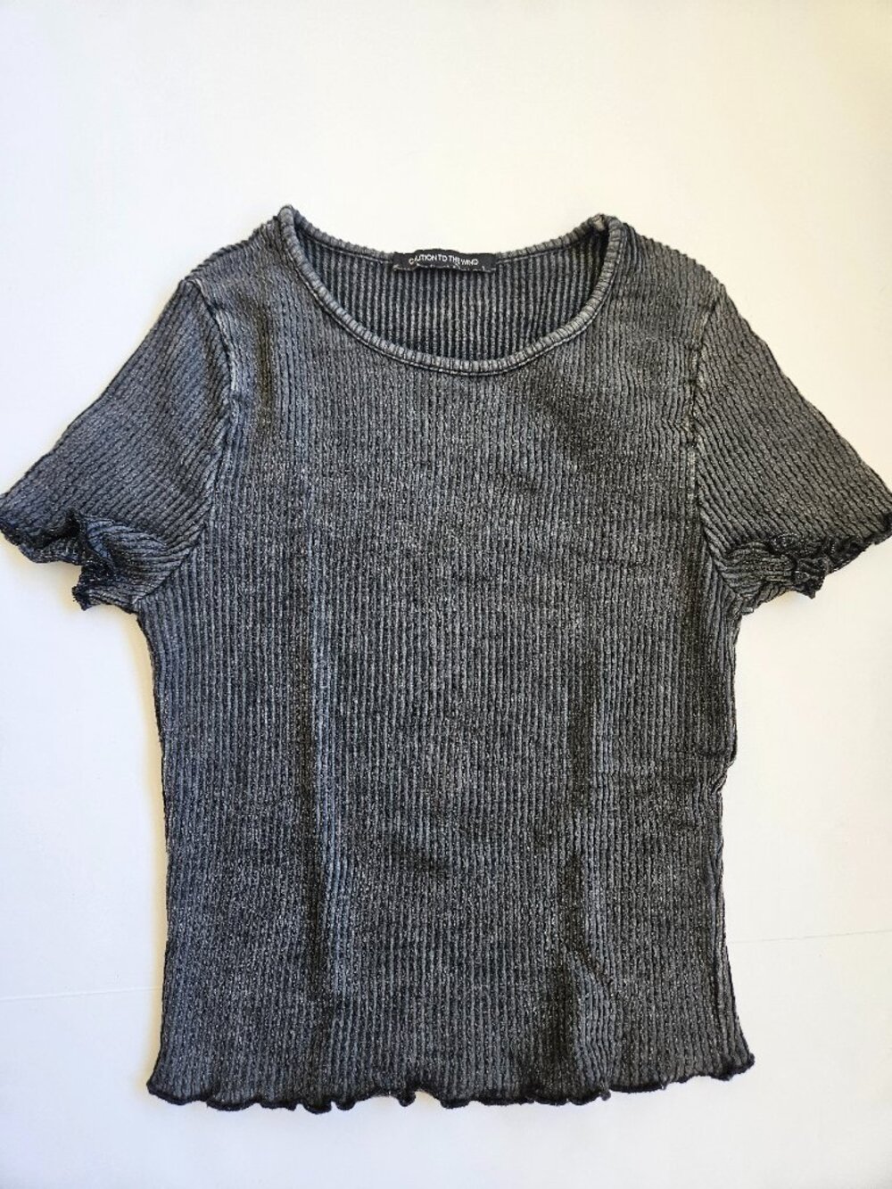 Caution to the Wind Acid Washed Black Ribbed Knit Short Sleeve Crop Top Large L